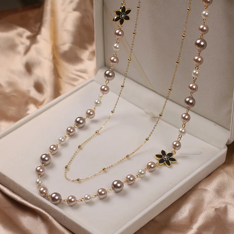 Women Pearls Double Layers Long Necklace High Quality Party Wedding Jewelry Accessories For Lady Elegant Chain Collares de moda