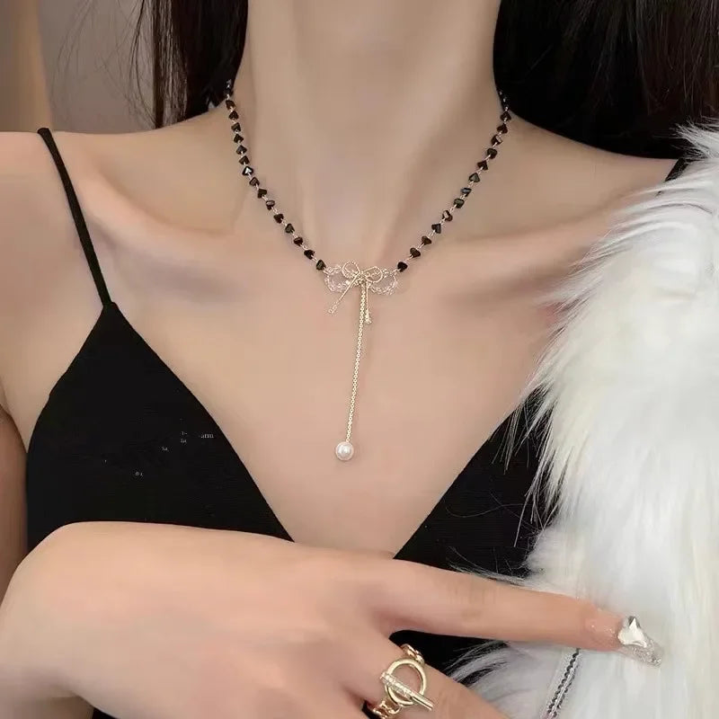 New Black Crystal Beaded Double Layer Necklace for Women Personalized Fashionable Daily Accessories Party Jewelry Birthday Gifts