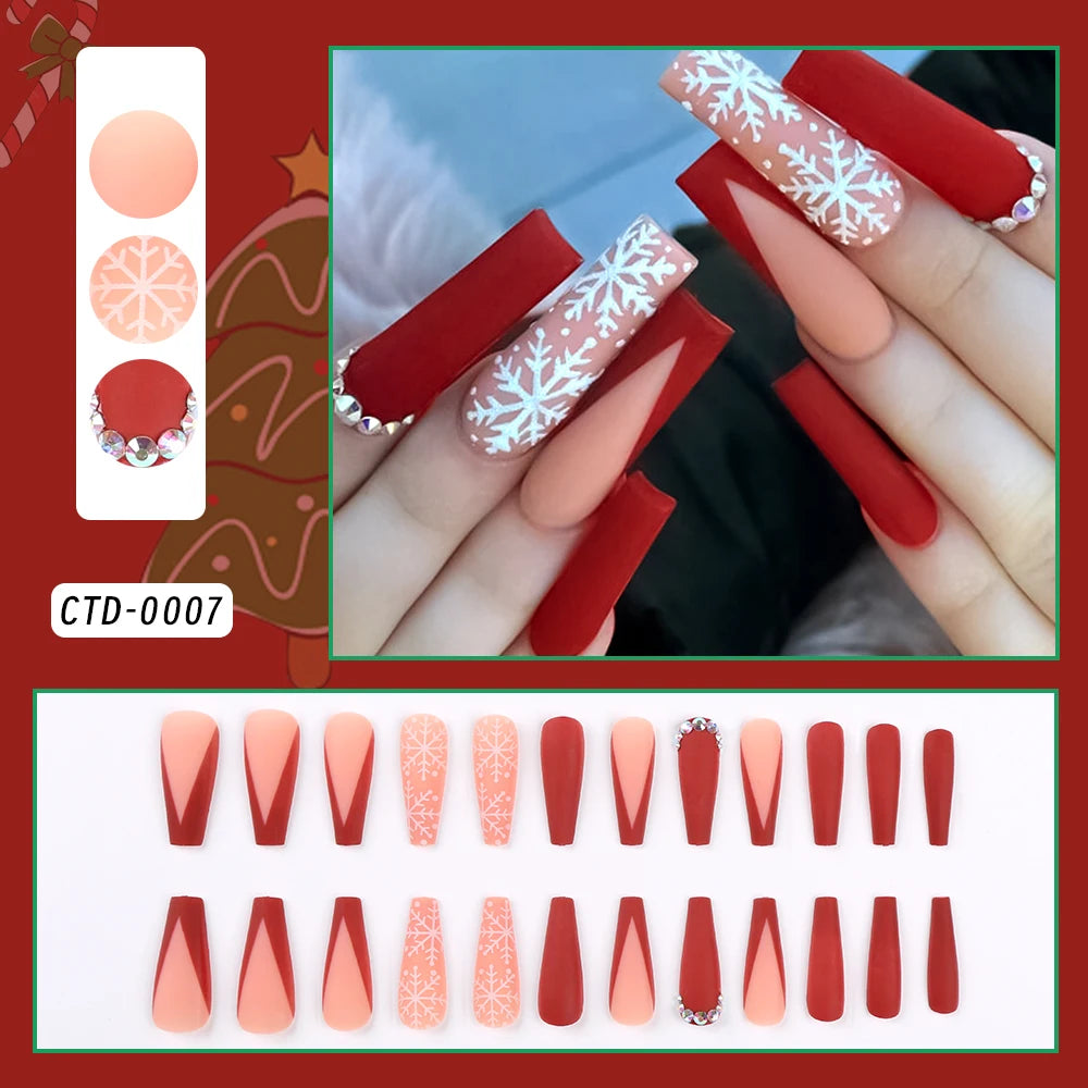 24Pcs Christmas Red French Almond Fake Nails Snowflake Xmas Hat Design False Nail Acrylic Women New Year Wearable Press On Nails