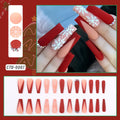 24Pcs Christmas Red French Almond Fake Nails Snowflake Xmas Hat Design False Nail Acrylic Women New Year Wearable Press On Nails