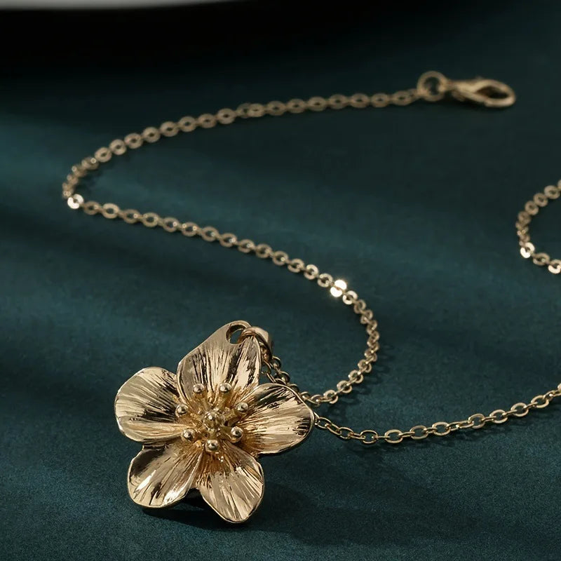 Floral Layered Necklace - Gold-Tone Alloy, Textured Flower Pendant, Double-Layer Beaded Chain, Boho Elegant Fashion Neck Jewelry
