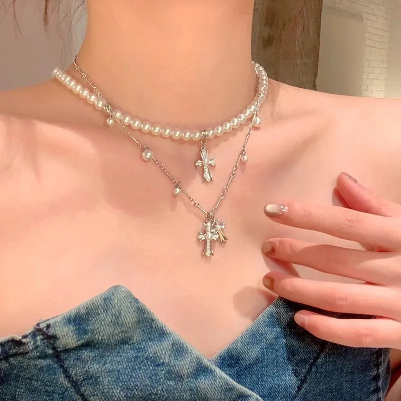 Fashion Pearl Cross Double layered Stacked Necklace For Women Creative Charm Rhinestone Cross Necklace Trendy Y2k Girl Accessory