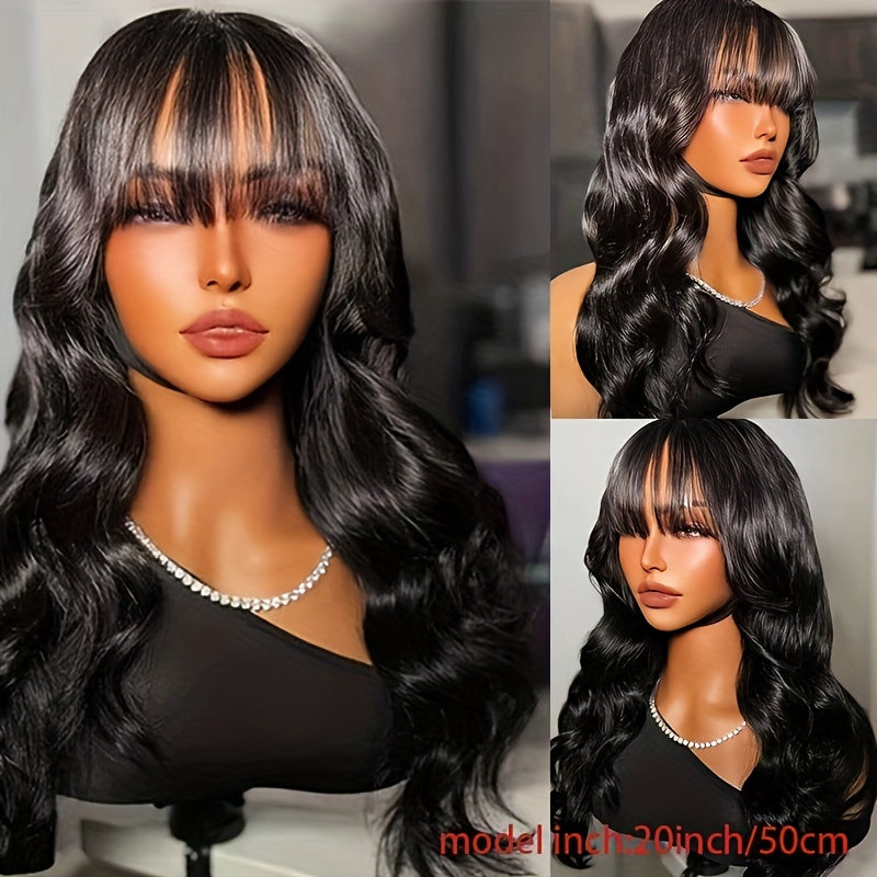 16 Inches 180% Density Body Wave Brazilian Virgin Hair Wigs with Bangs - Rose Net Cap, Machine Made, Natural Color, Soft and Silky Texture - Suitable for All Women, Basics Style